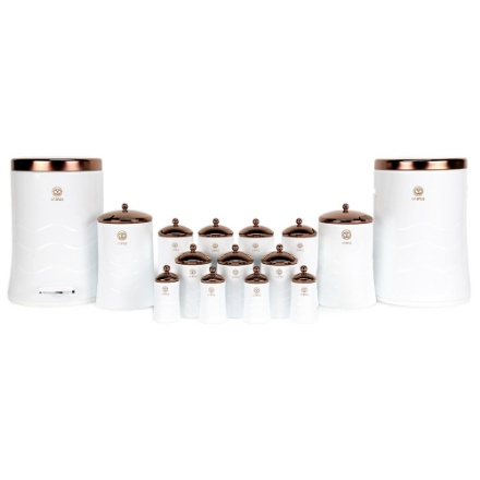 تصویر  سرویس آشپزخانه ۱۵ پارچه اورانوس مدل بل شیپ رنگ سفید با درب رزگلد