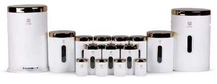 تصویر  سرویس آشپزخانه ۱۵ پارچه اورانوس مدل بل شیپ رنگ سفید با درب طلایی