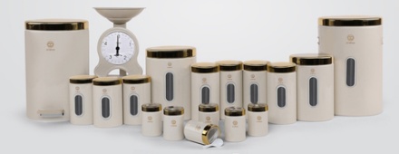 تصویر  سرویس آشپزخانه ۱۸ پارچه استوانه‌ای اورانوس رنگ کرم با درب طلایی