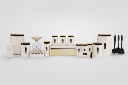 تصویر  سرویس آشپزخانه ۲۳ پارچه استوانه‌ای اورانوس رنگ کرم با درب طلایی